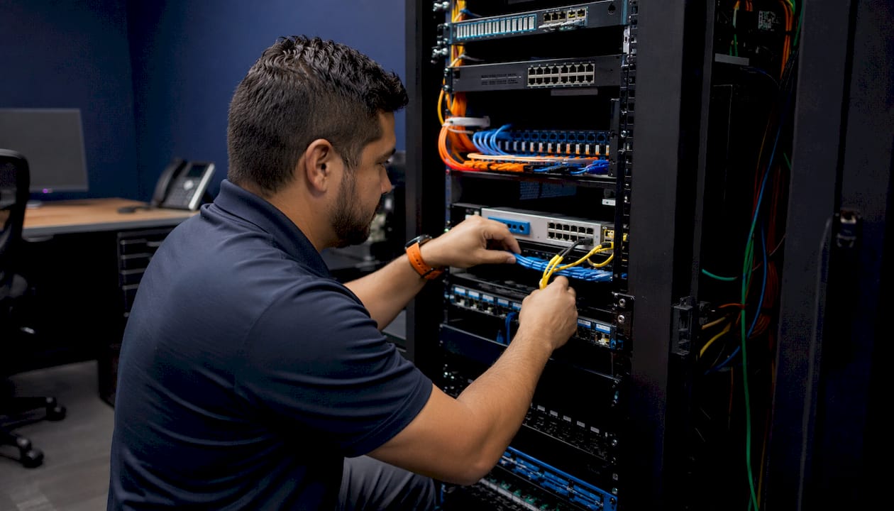 Hands connecting cables in VoIP server rack