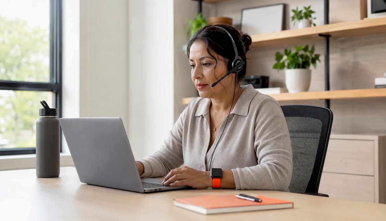 Woman practicing calling on virtual phone system