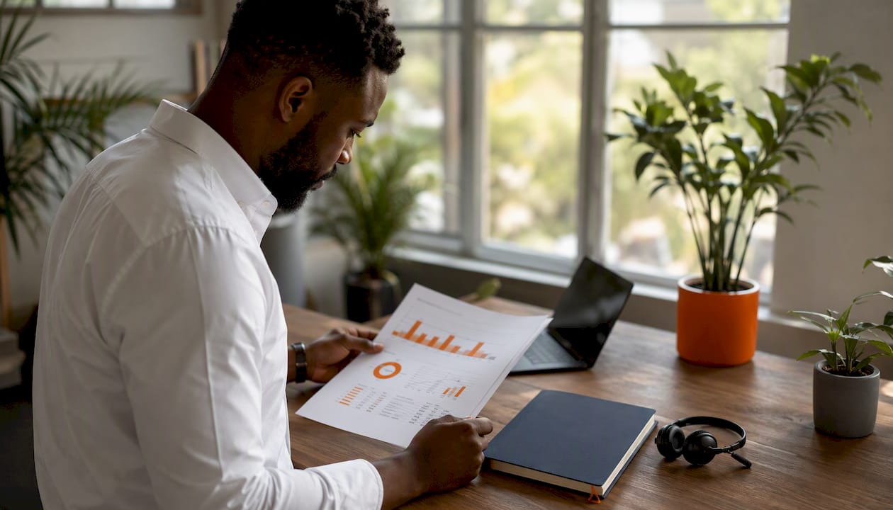 Businessman reviewing phone outage impact report