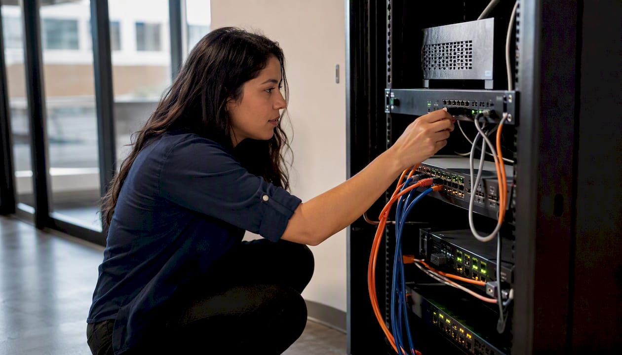 Technician configuring redundant phone network hardware