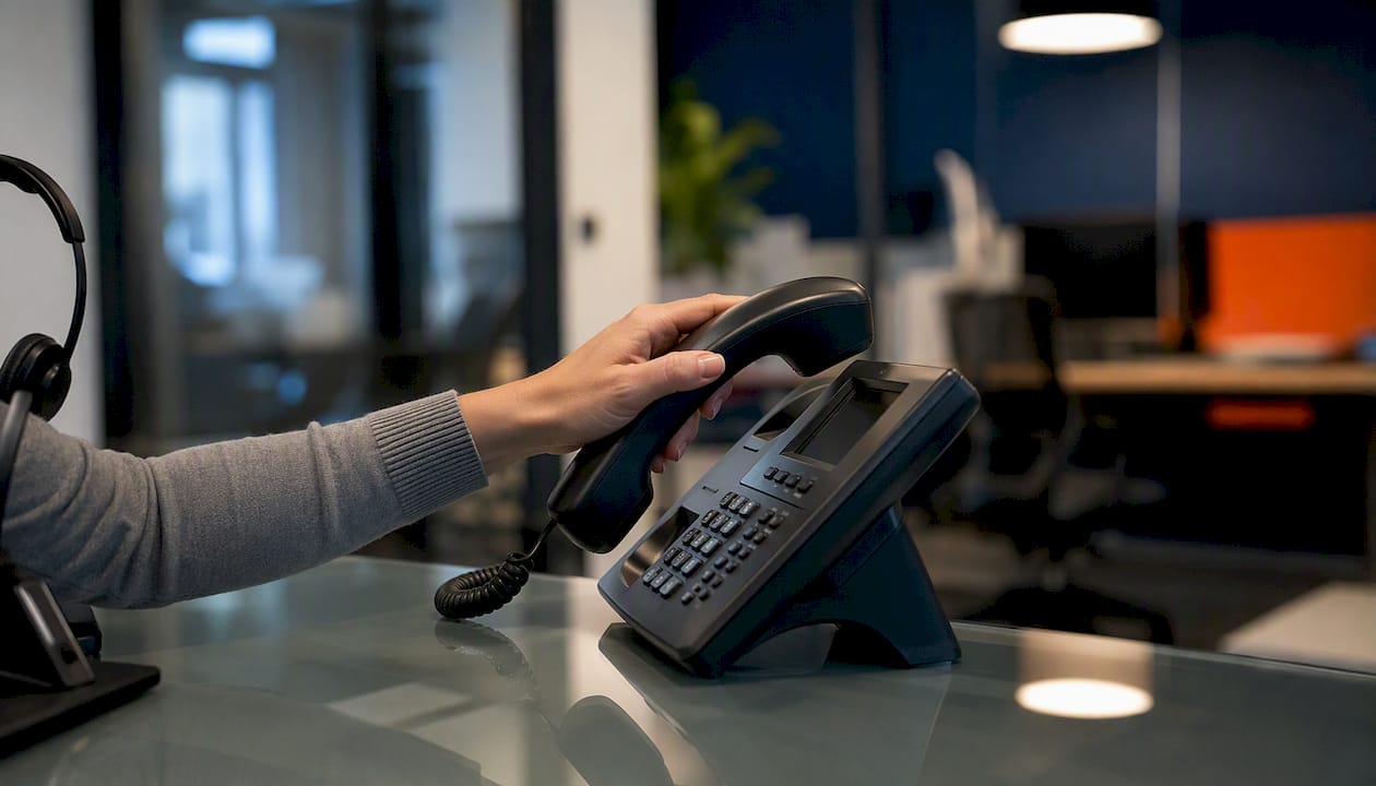 Hand holding business phone handset
