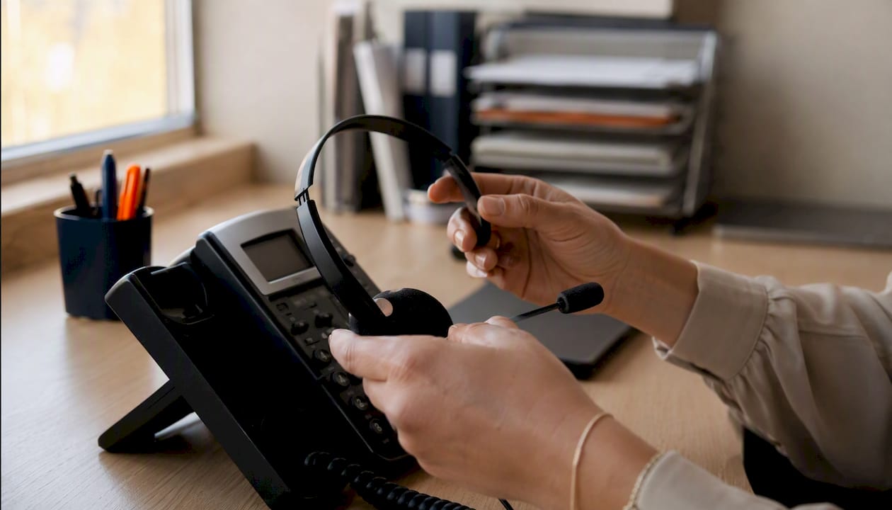 Hands adjusting phone headset on desk