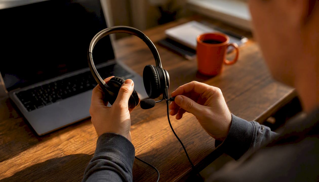 Hands setting up office phone hardware