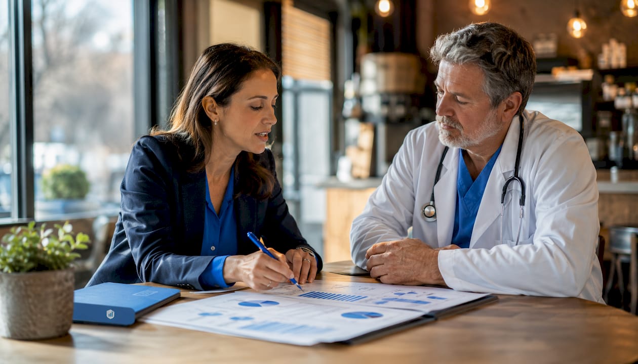 Physician and compliance officer collaborating at table