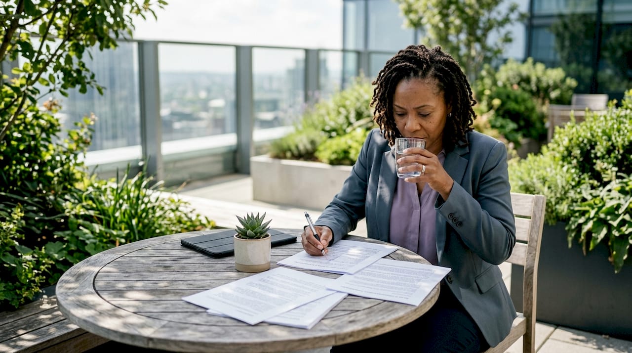 Woman reviewing AI compliance finance documents