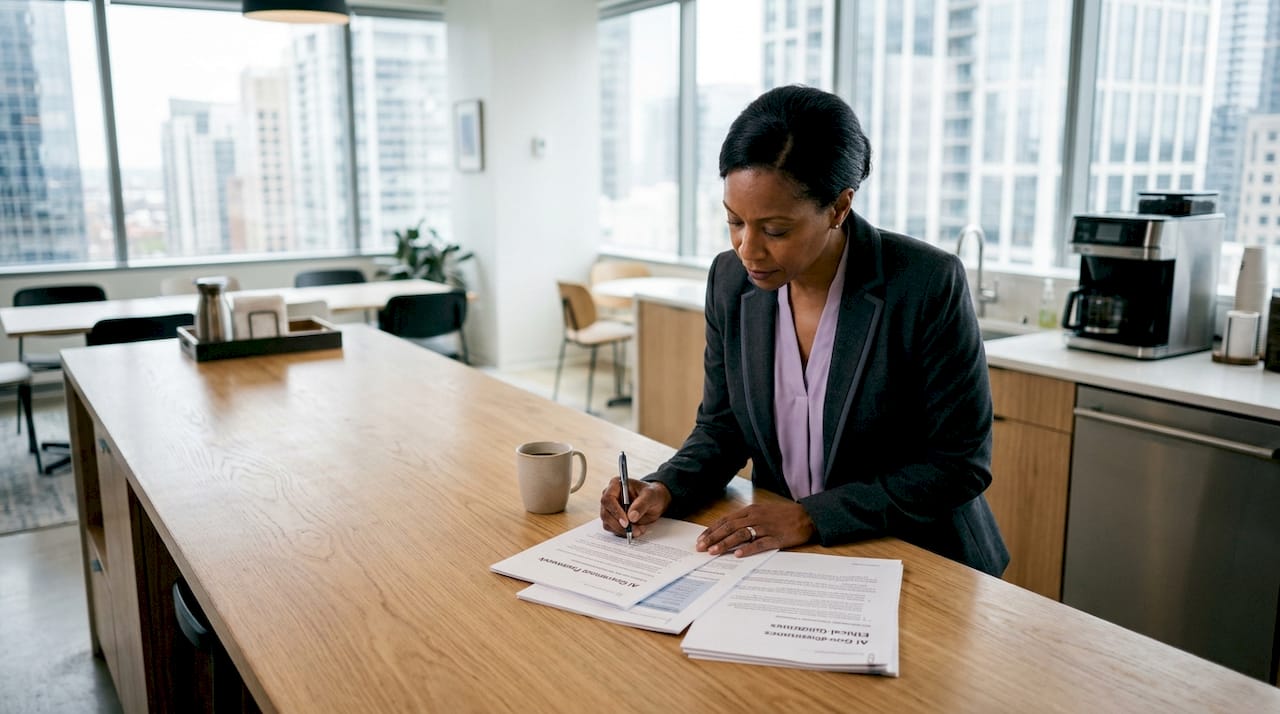 Compliance officer reviewing AI governance documents