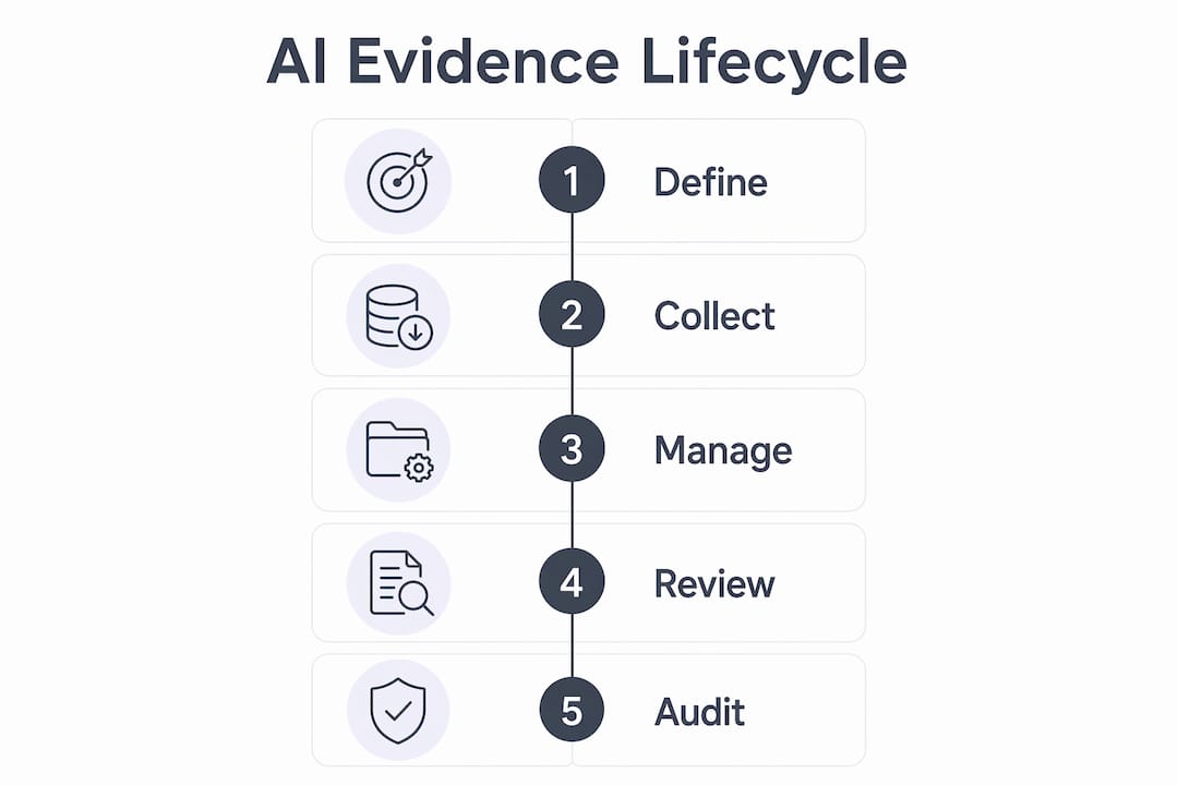 Infographic showing AI governance evidence lifecycle steps