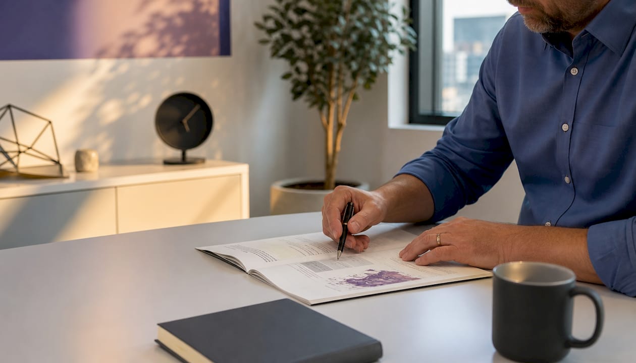 Hands pointing to AI training documentation with stylus pen