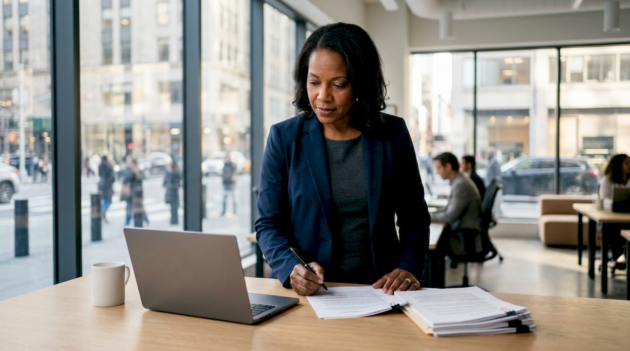 Compliance officer reviewing AI explainability documents