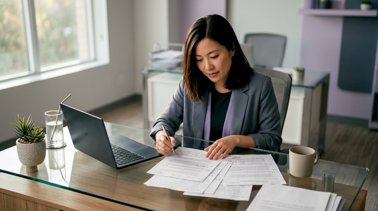 Compliance officer reviewing AI documents at desk
