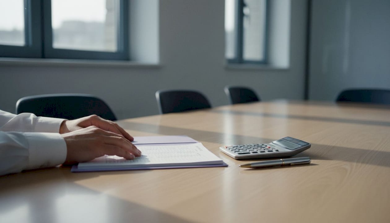 Hands on desk near folder and calculator