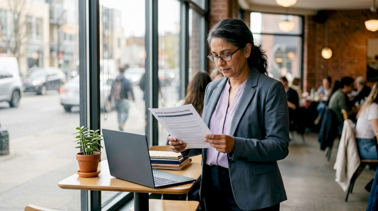 Compliance officer reviewing AI risk checklist