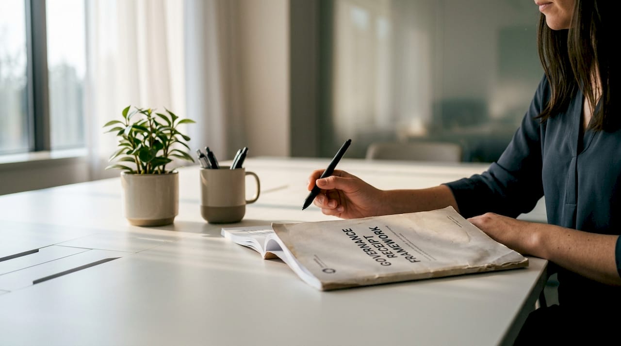 Close-up of hand annotating governance receipt framework document