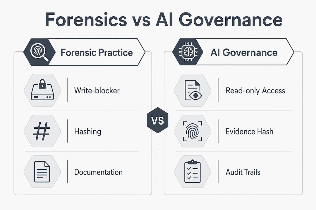 Infographic comparing forensic practices and AI governance
