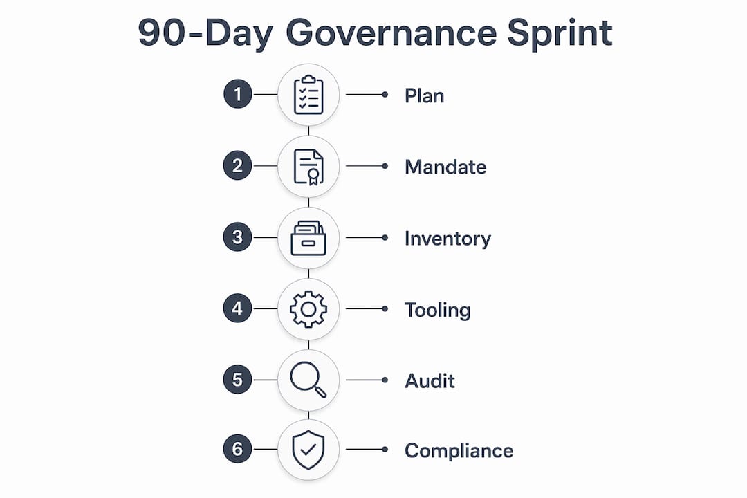 Infographic illustrating 90-day sprint steps for AI governance