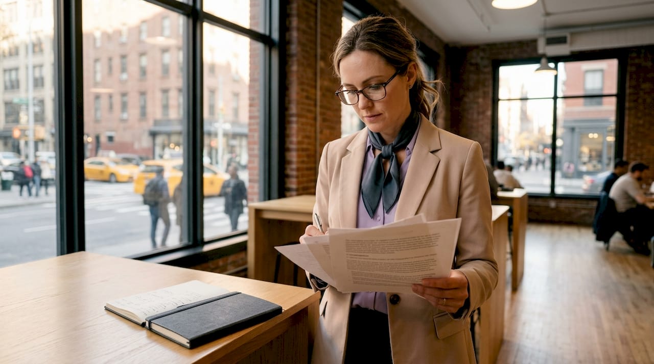 Compliance officer reviewing AI governance documents