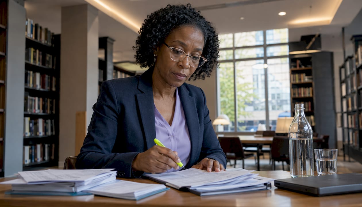 Finance compliance officer reviewing AI regulation documents