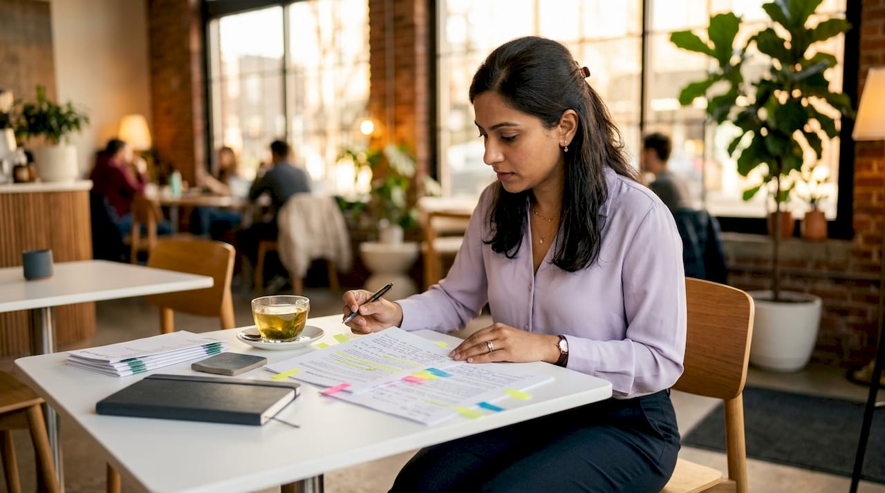 Woman reviewing AI compliance documents at desk