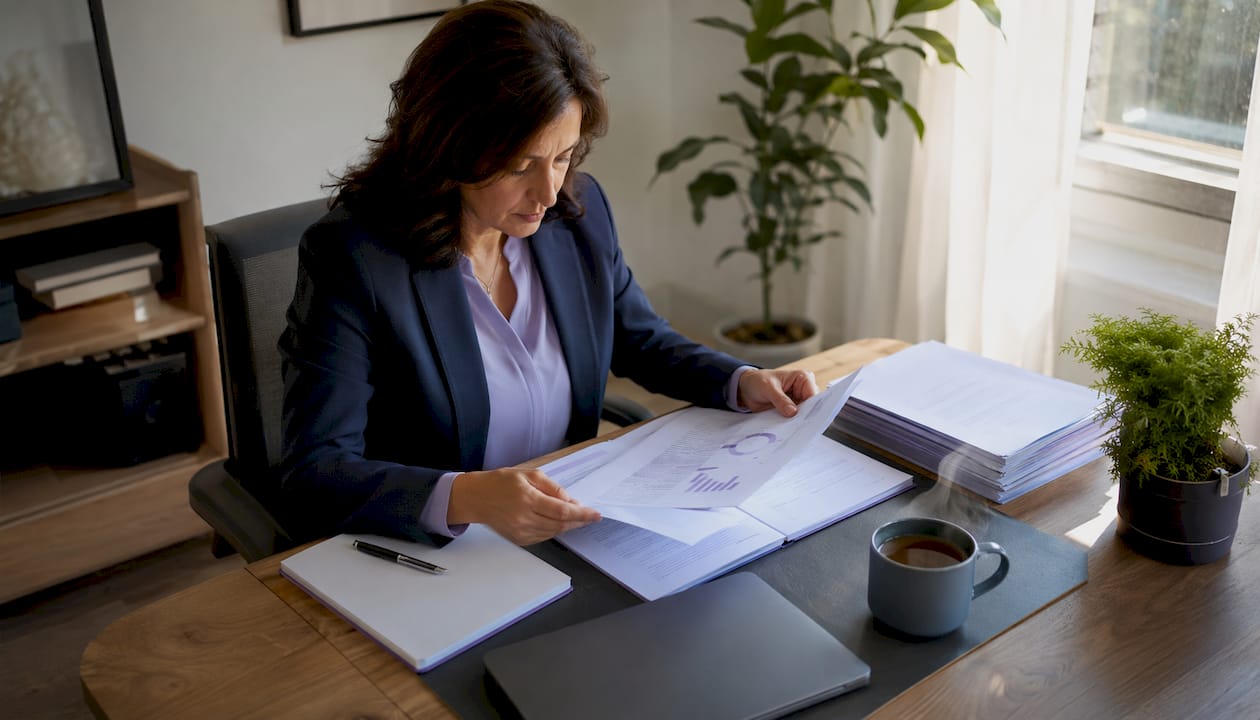 Woman reviewing AI regulatory documents in office