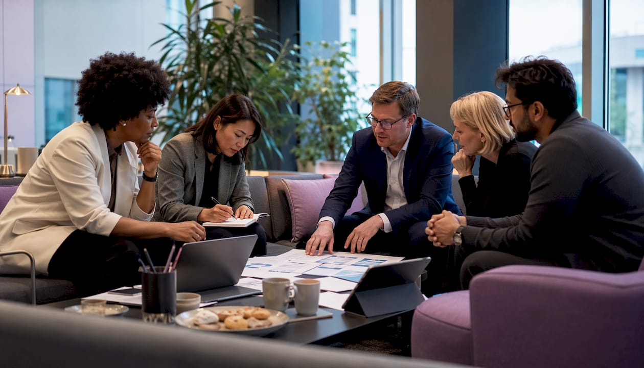 Team discussing AI governance at conference table