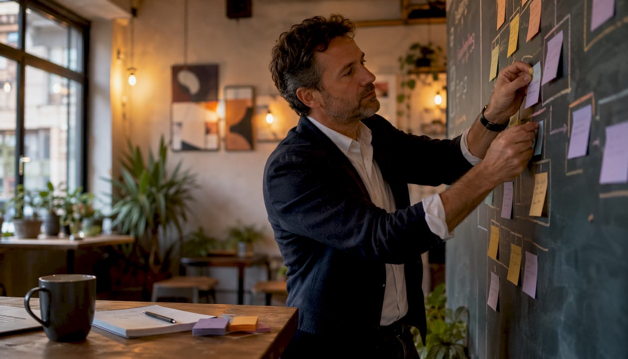 Risk manager mapping AI regulations on whiteboard