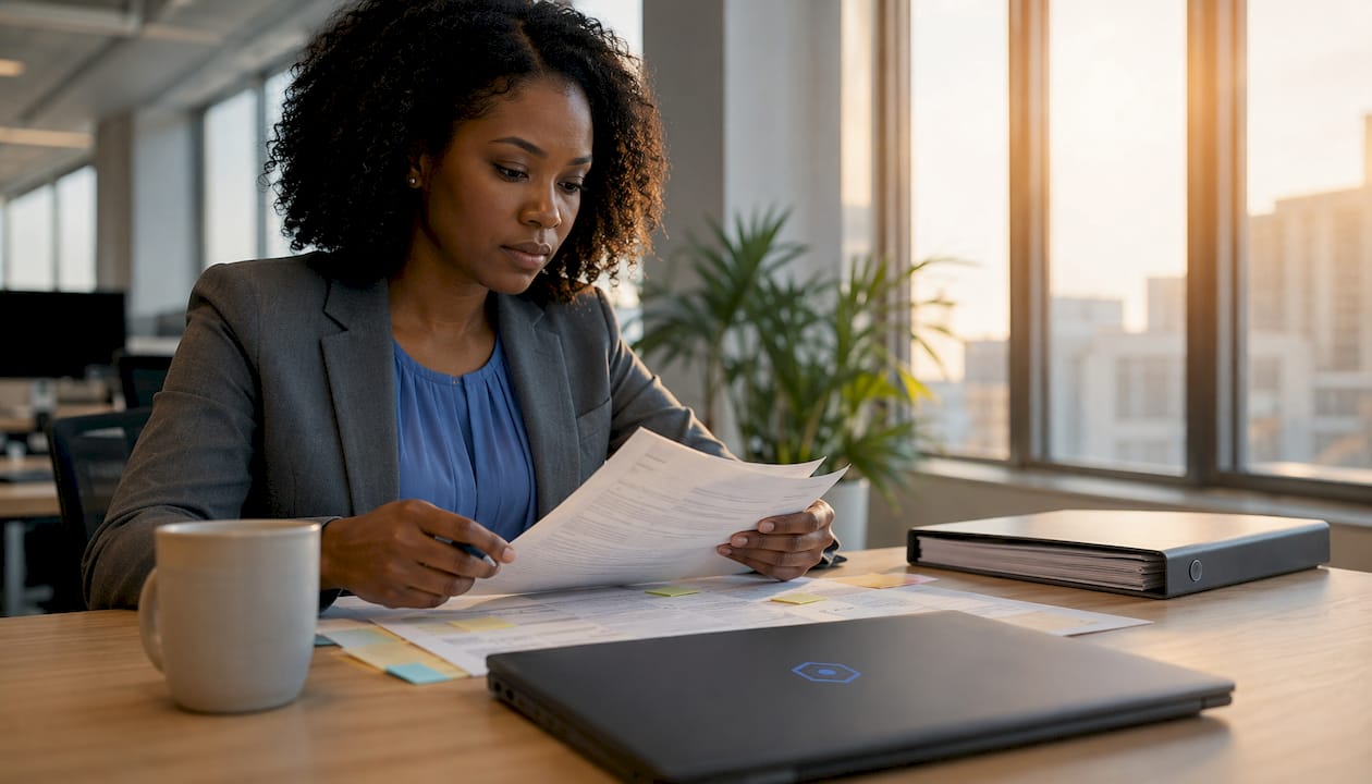 Compliance officer reviewing AI regulations in office