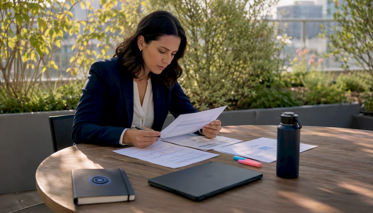 Compliance officer reviewing AI workflow documents