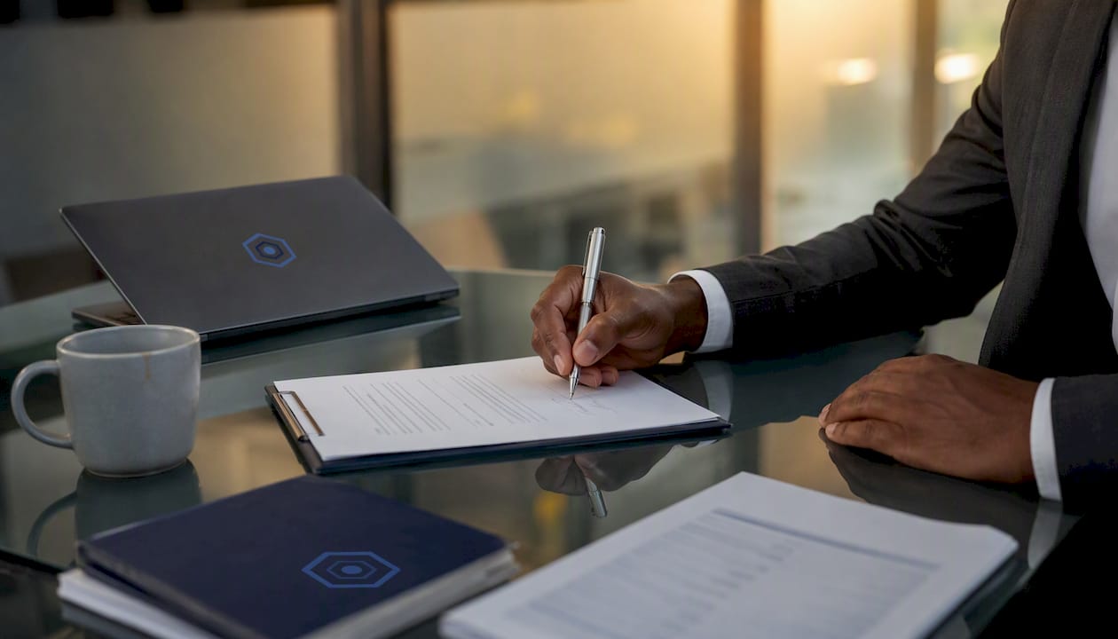 Hand signing audit contract on conference table