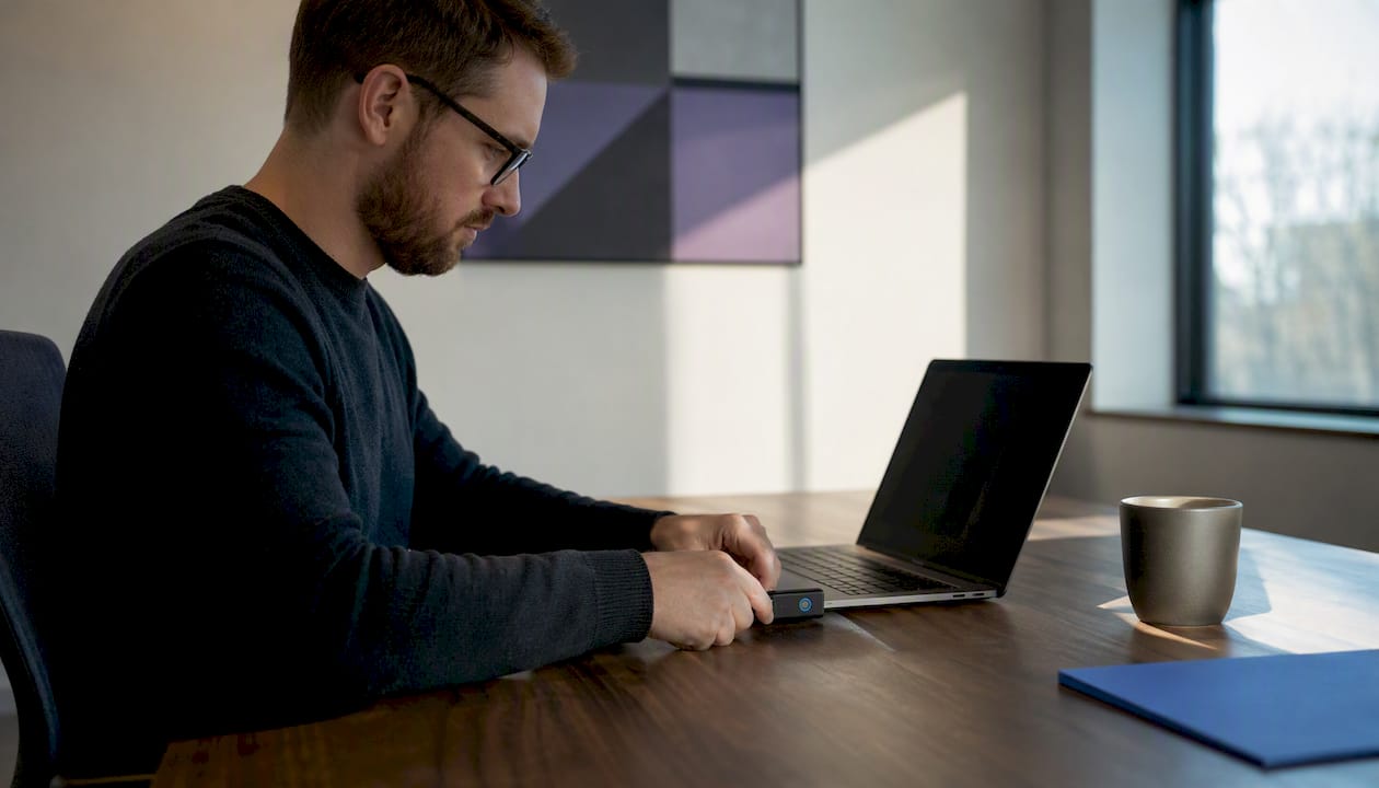 Hands connecting a security token to laptop