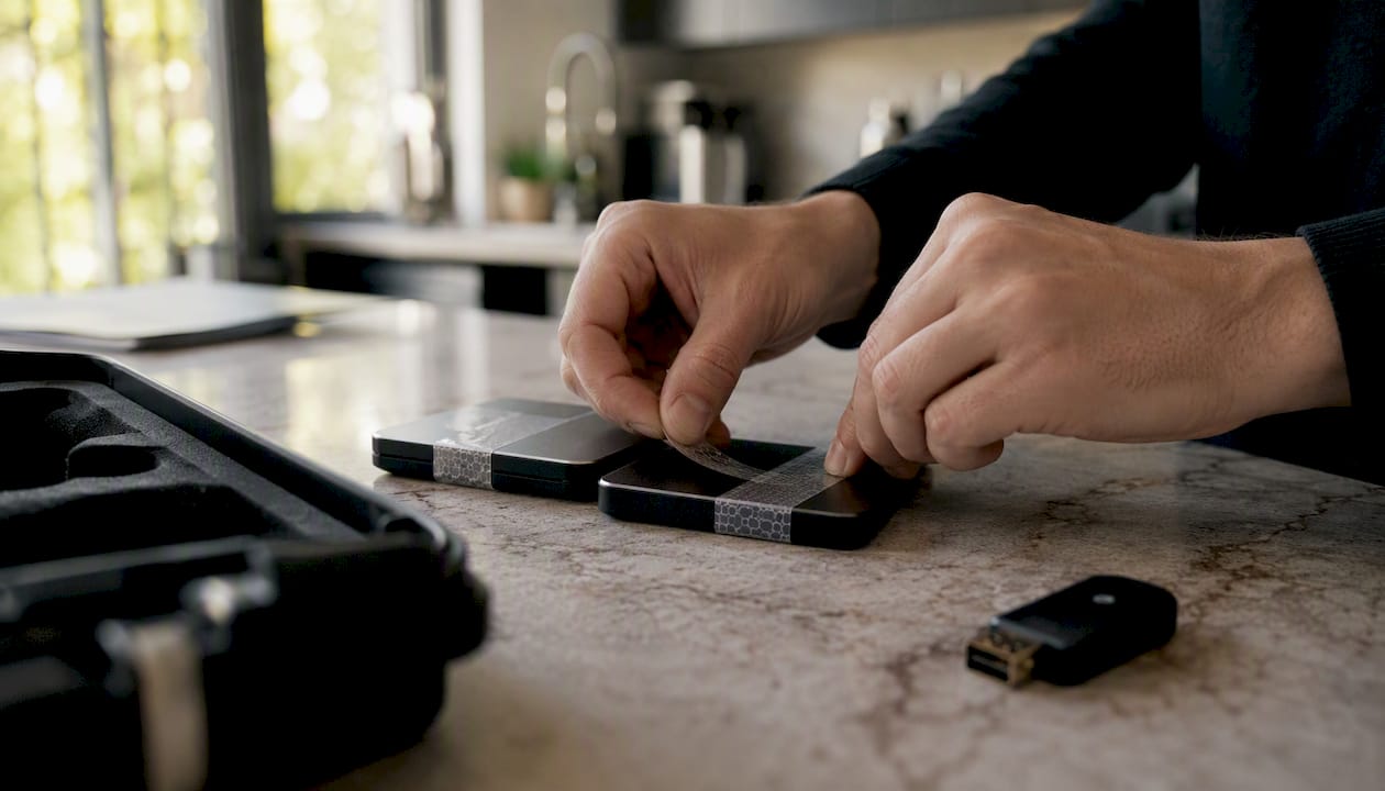 Hands applying tamper-evident seals on digital devices