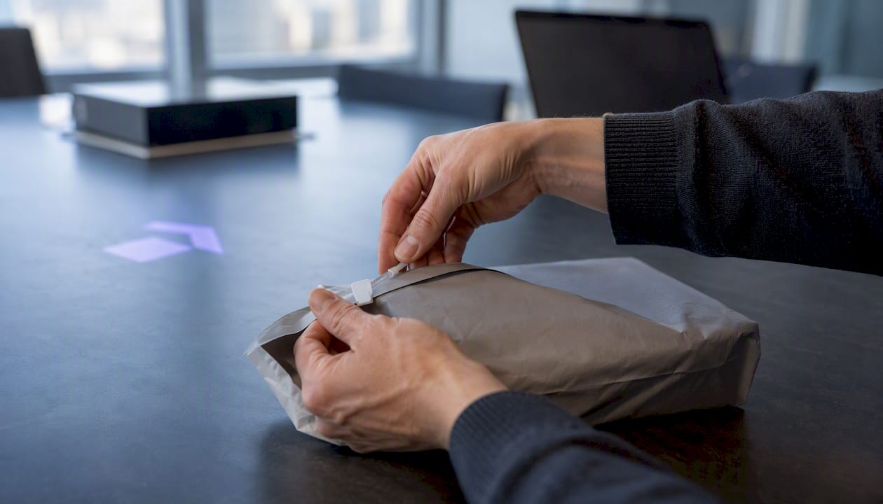 Hands sealing tamper-evident governance evidence pack
