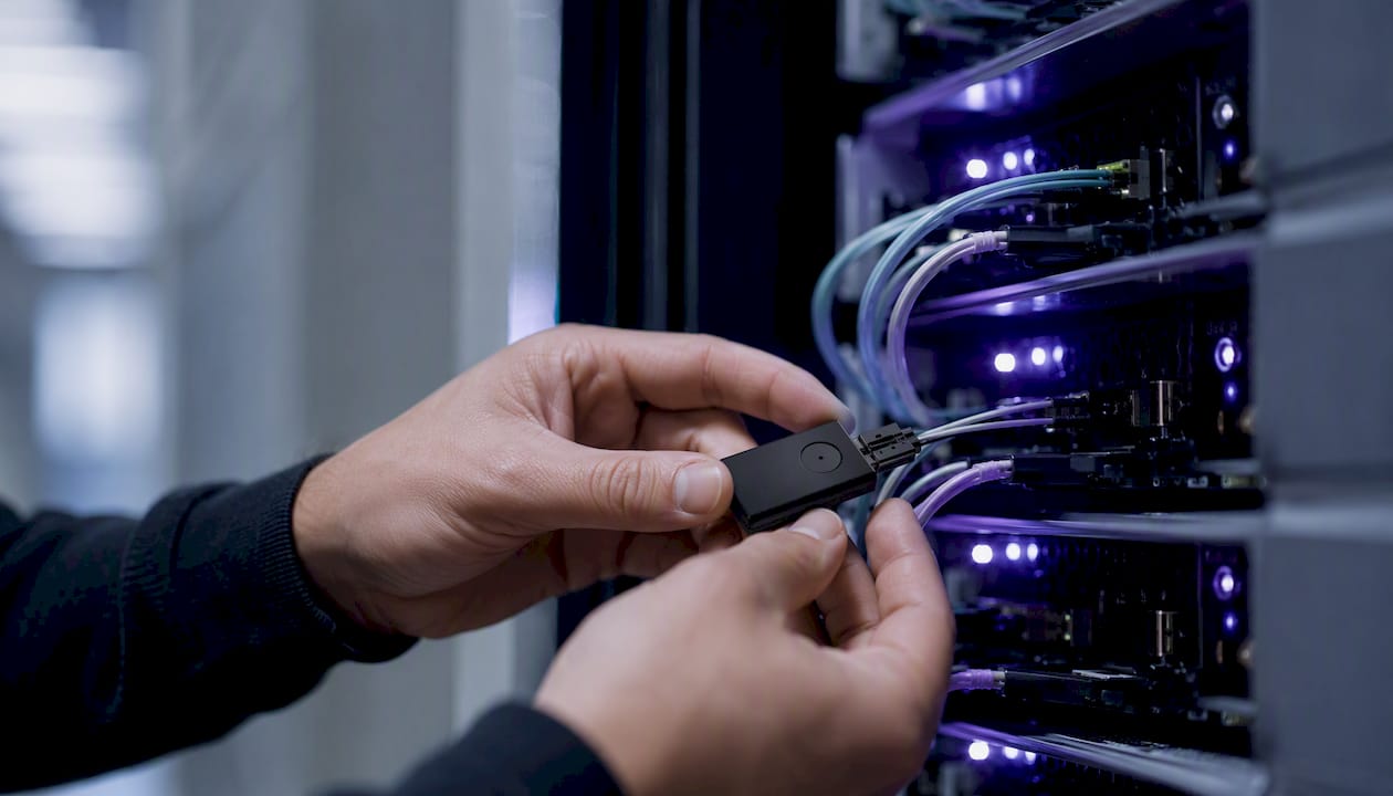 Hands holding digital security token near server rack