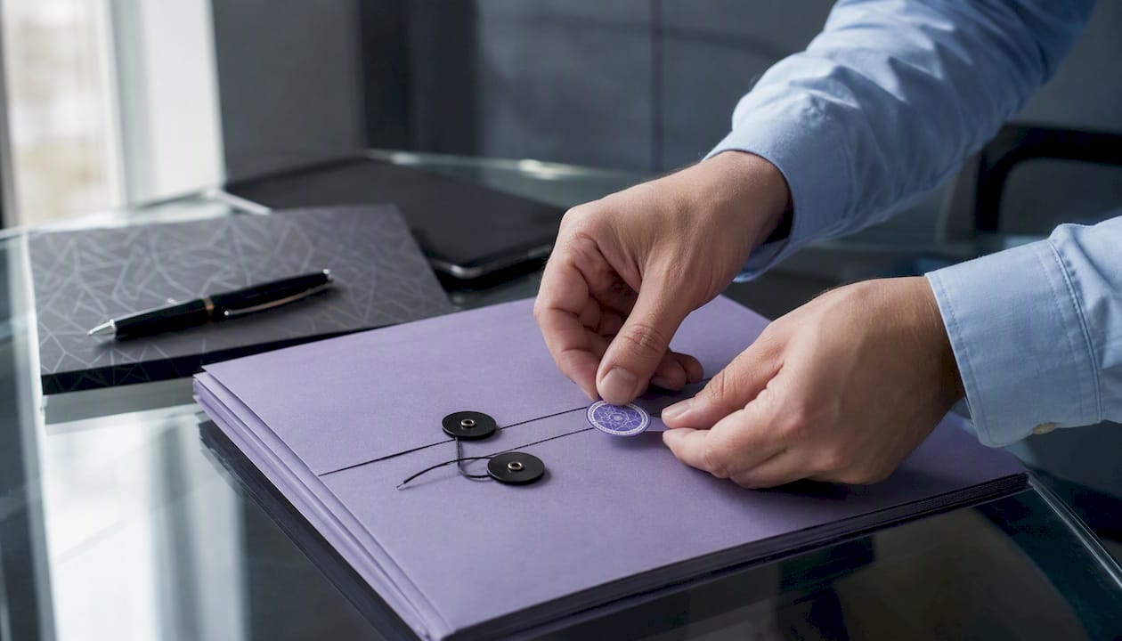Hands applying tamper-evident compliance seal