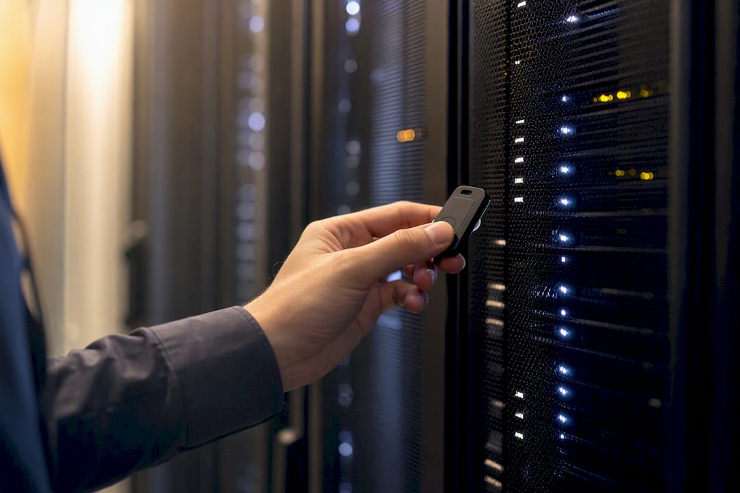 Hand holding metadata token near cloud server
