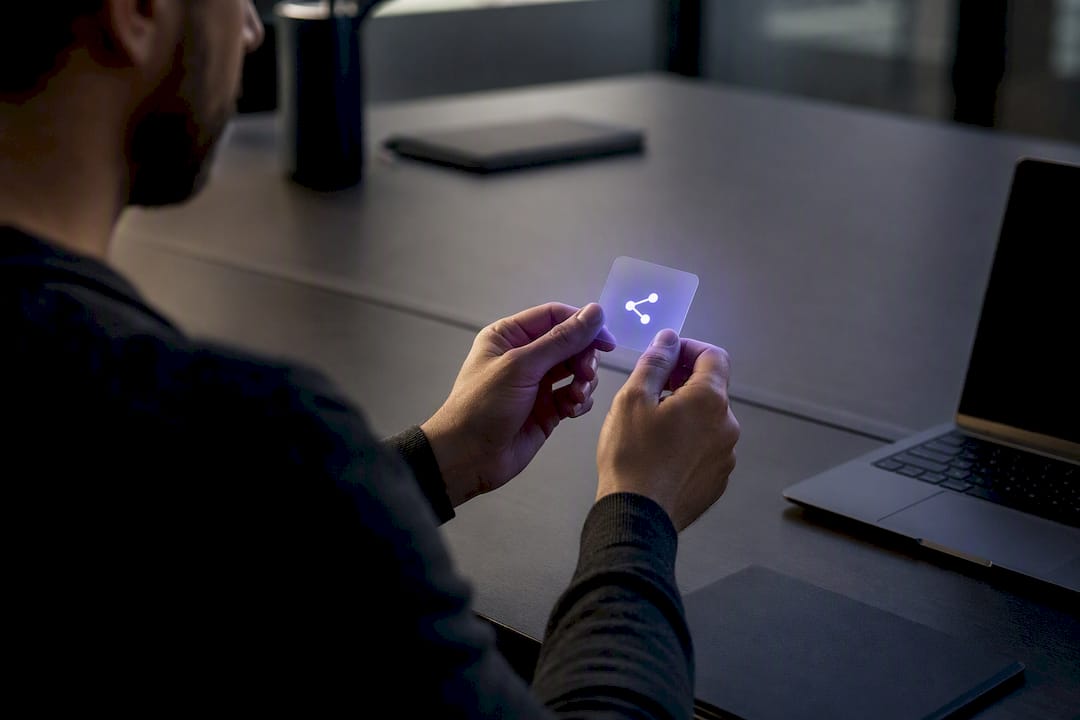 Hands holding metadata token device