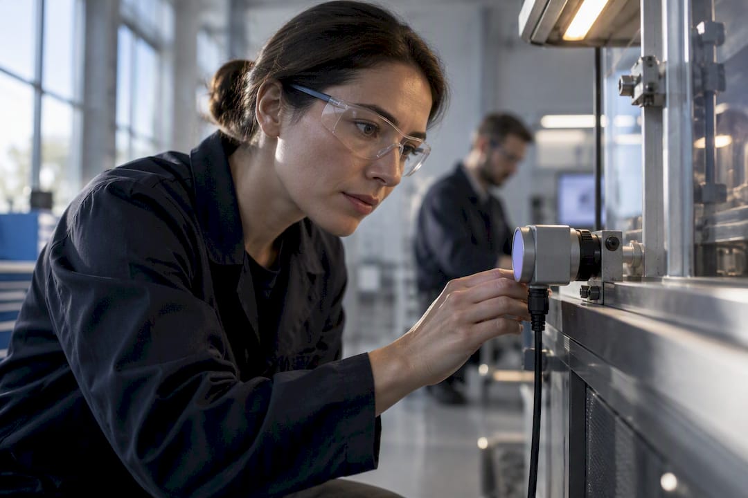 Specialist inspecting connected industrial sensor