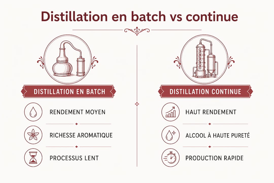 Comparatif visuel entre la distillation en mode batch et en continu