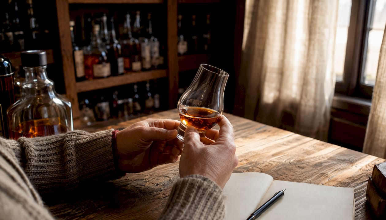 Des mains délicatement posées sur un verre de whisky, dans une salle dédiée à la dégustation.