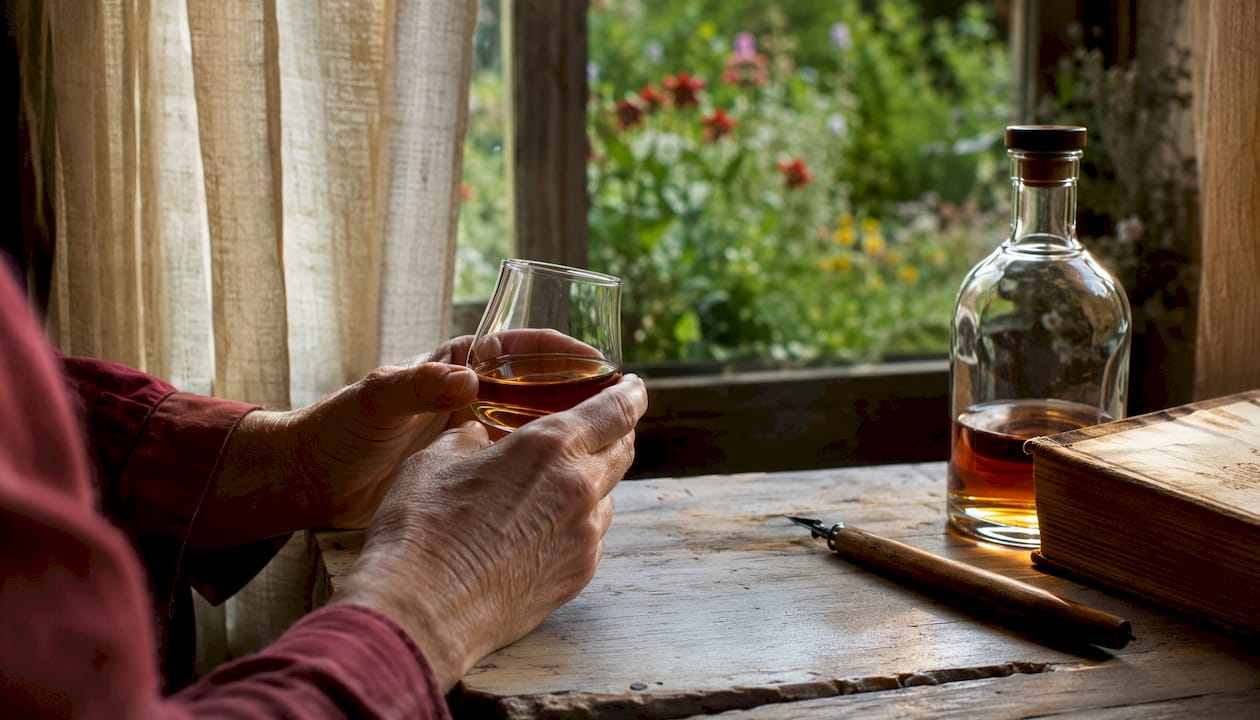 Un verre de whisky à la main, face à un paysage de campagne.