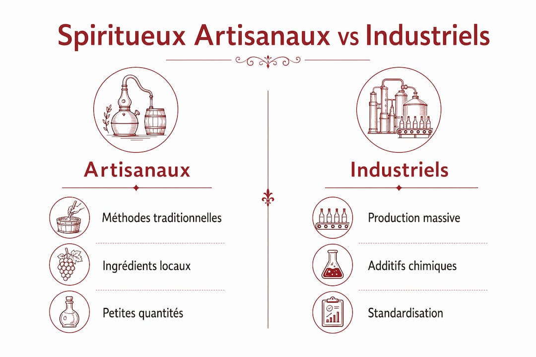 Infographie mettant en parallèle les spiritueux faits main et ceux issus de la production industrielle