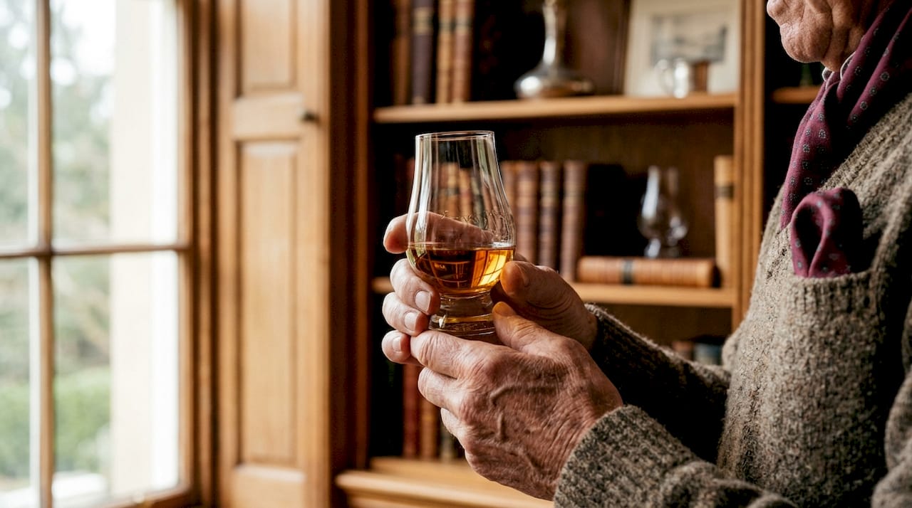Des mains enveloppent délicatement un verre de whisky, mettant en valeur toute la richesse de ses arômes.