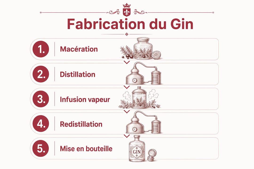 Schéma détaillé présentant les différentes étapes de la fabrication du gin