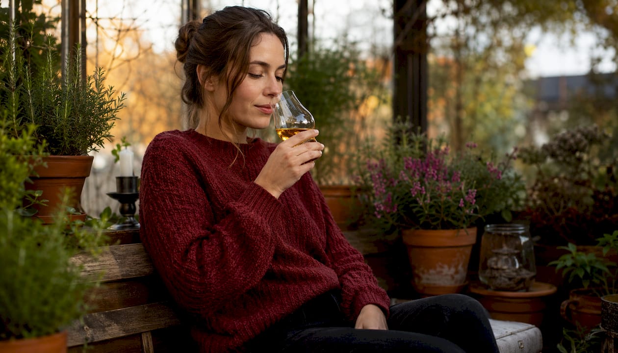 Dans une ambiance chaleureuse, une femme savoure un whisky belge, confortablement installée dans un salon douillet.