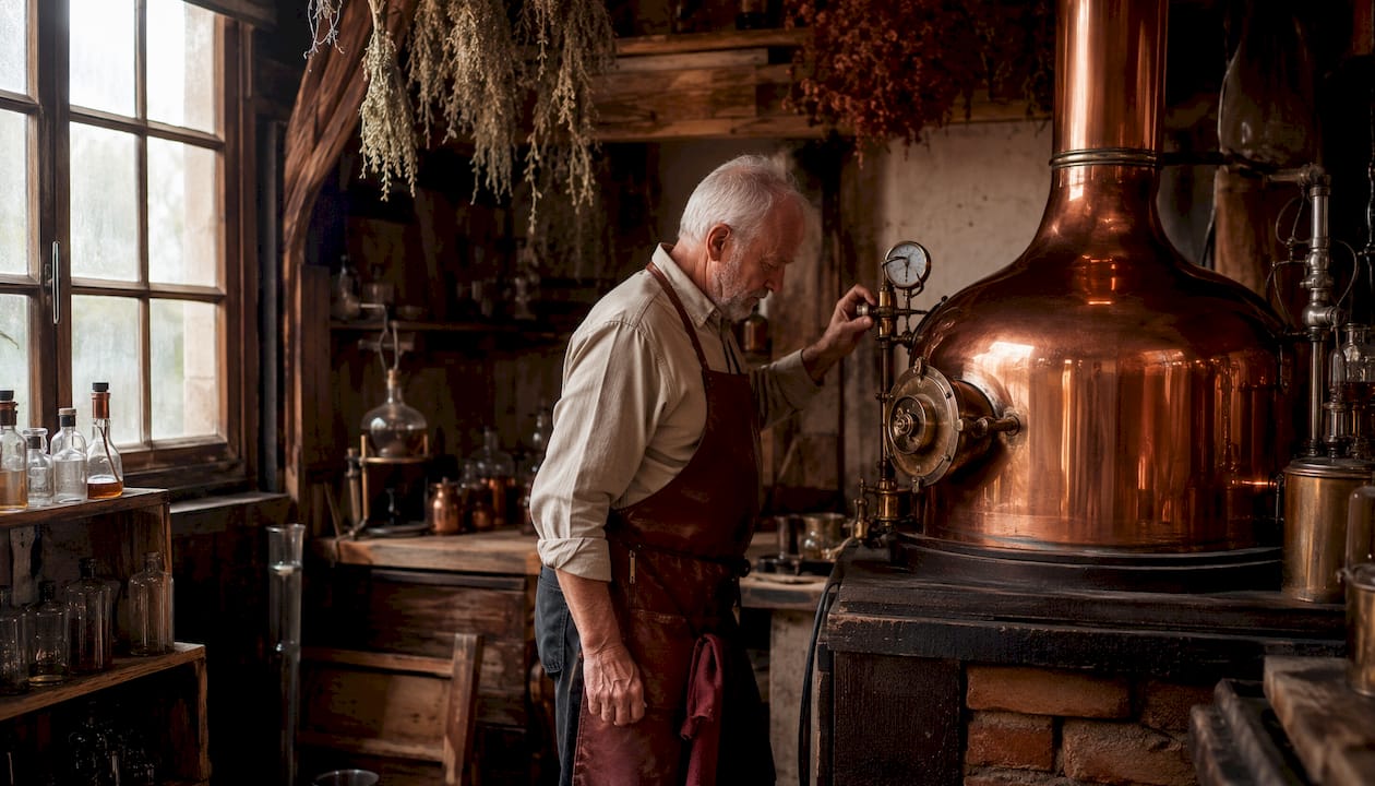 Un maître distillateur belge, héritier d’une longue tradition, examine attentivement son alambic en cuivre.