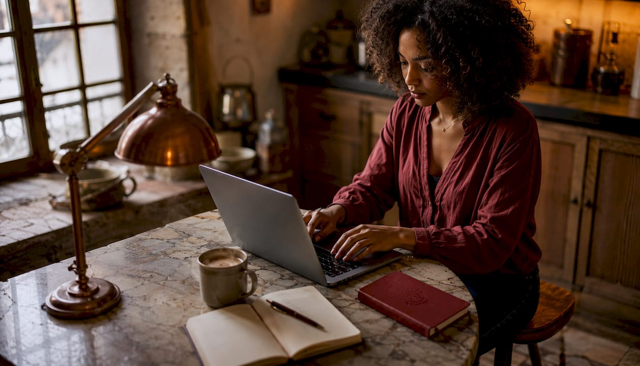 Une jeune femme choisit ses spiritueux artisanaux sur un site de vente en ligne.