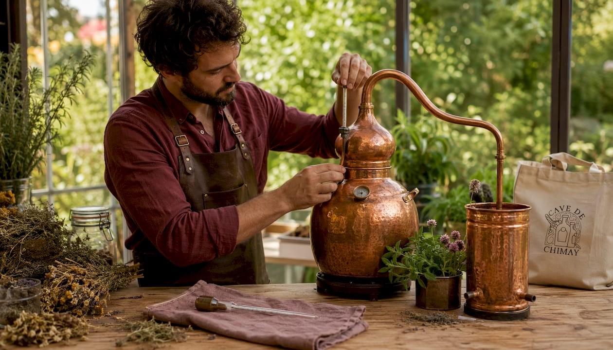 Thermomètre et densimètre posés sur le plan de travail, prêts pour la distillation.