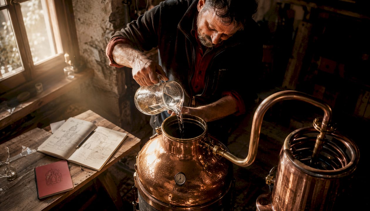 Des mains versent délicatement un liquide dans un alambic en cuivre.