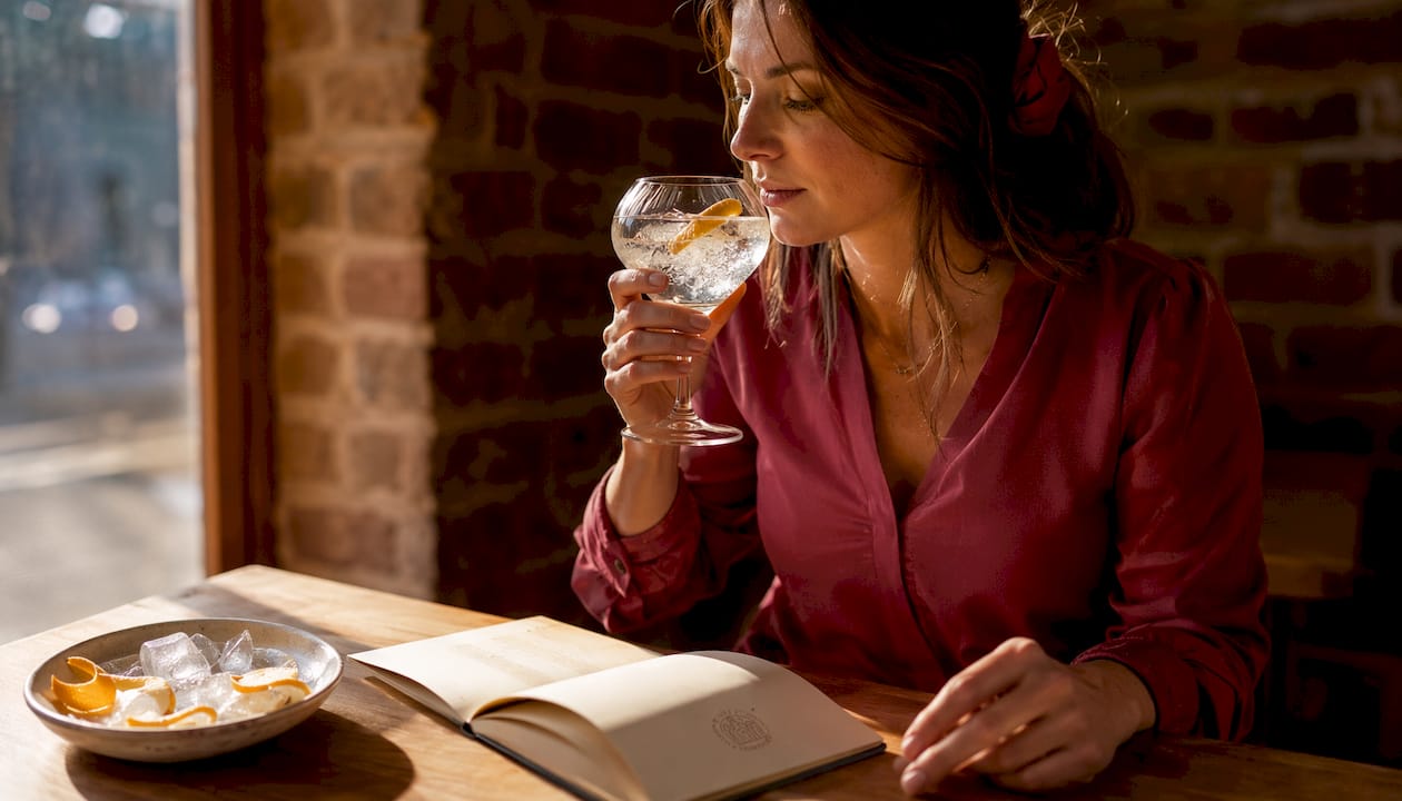 Une femme déguste un gin artisanal tout en prenant des notes sur ses arômes.