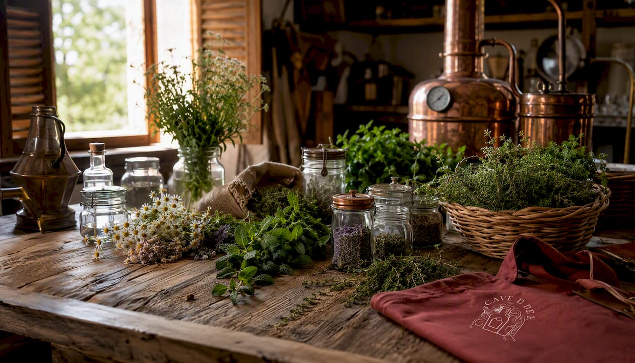 Des plantes aromatiques fraîchement cueillies disposées sur une table en bois dans la distillerie
