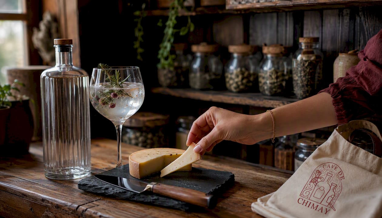 Des mains dressent délicatement un plateau de fromages tout en tenant un verre de gin aux notes florales.